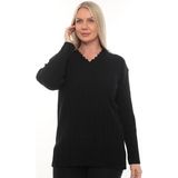 Kadın Uzun Kollu Triko Kazak Bluz Penye Anne Merdiven Yaka Kışlık Mevsimlik Dört Mevsim - Siyah - 2XL