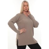 Kadın Uzun Kollu Triko Kazak Bluz Penye Anne Merdiven Yaka Kışlık Mevsimlik Dört Mevsim - Vizon - 2XL