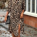 Kadın Uzun Kollu Yakalı önden Düğmeli Leopar Desenli Modal Midi Elbise