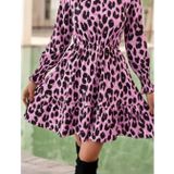 Kadın Uzun Kollu Yarı Balıkçı Yaka Leopar Desenli Modal Mini Elbise