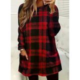 Kadın Uzun Kollu Yarı Balıkçı Yakalı Cep Detaylı Ekoseli Dokuma Tunik - Kırmızı / 2Xl-3Xl