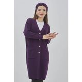 Kadın Uzun Triko Mevsimlik Cepli Düğmeli Likralı Hırka (mor, 3xl)