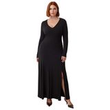 Kadın V Yaka A Kesim Uzun Kollu Maxi Örme Elbise Şık Düz Tasarım Gündüz Gece Kombinleri İçin İdeal-Siyah-2XL