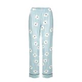 Kadın V Yaka Çiçek Desenli Ara Biyeli Uzun Kollu Pamuklu Pijama Takımı Mavi-Beyaz S