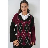 Kadın V Yaka Desenli Triko Kazak 15933 - Bordo - Standart
