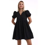 Kadın V Yaka Düğmeli Kısa Kollu Mini Elbise 7002-450-0004 Siyah 38