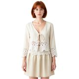 Kadın V Yaka Düşük Kol Uzun Kollu Dokuma Bluz Şık ve Konforlu Günlük Stil Kaliteli Şık Rahat_Bej-36