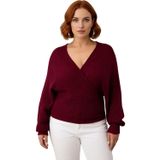 Kadın V Yaka Kruvaze Arkadan Bağlamalı Triko Kazak Akrilik Regular Fit Günlük Şık Soğuk Hava -Bordo-5XL