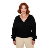 Kadın V Yaka Kruvaze Arkadan Bağlamalı Triko Kazak Akrilik Regular Fit Günlük Şık Soğuk Hava -Siyah-2XL