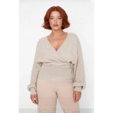 Kadın V Yaka Kruvaze Arkadan Bağlamalı Triko Kazak Akrilik Regular Fit Günlük Şık Soğuk Hava -Taş-3XL