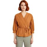 Kadın V Yaka Kruvaze Tasarımlı Bağcıklı Regular Kalıp Dokuma Bluz Orta Kalınlıkta Terrycotton_Camel-36