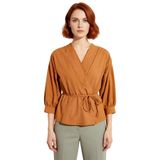 Kadın V Yaka Kruvaze Tasarımlı Bağcıklı Regular Kalıp Dokuma Bluz Orta Kalınlıkta Terrycotton_Camel-38