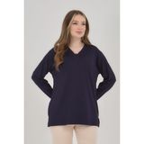 Kadın V Yaka Likralı Büyük Beden Orta Yaş Anne Penye Bluz - Açık Lacivert - 2XL