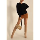 Kadın V Yaka Oversize Basic Kare Desenli Fitilli Triko Kazak - 6542 - Siyah - Standart