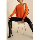 Kadın V Yaka Oversize Basic Kare Desenli Fitilli Triko Kazak - 6542 - Turuncu - Standart