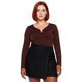Kadın V Yaka Uzun Kollu Polyester Bluz İlkbahar Sonbahar Modası Sandy Dokuma Fırsat Ürünü Gündüz Ve_Kahverengi-XL