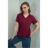 Kadın V Yaka Yırtmaçlı Kısa Kol Bluz - 2XL - Mürdüm