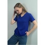 Kadın V Yaka Yırtmaçlı Kısa Kol Bluz - XL - Saks