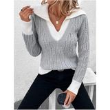 Kadın V Yaka Yürütme Desen Saç Örgü Gri Triko Kazak - XL