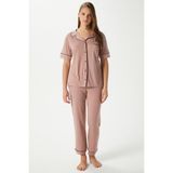 Kadın Vanessa Viskon Ön Düğmeli Kısa Kol Biyeli Pudra Alt Üst Pijama Takımı - 2XL
