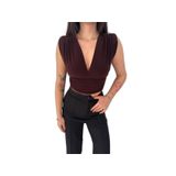 Kadın Vatkalı Kolsuz V Yaka Drapeli Crop Bluz Likralı Fit - Kahverengi