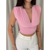 Kadın Vatkalı Kolsuz V Yaka Drapeli Crop Bluz Likralı Fit - Pembe