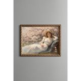 Kadın ve Bahar Çiçekleri - Vintage Desenli Çerçeve - İnce Model, Altın2, 21 x 30