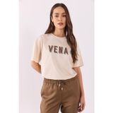 Kadın Vena Logo Baskılı Oversize Tişört%100 Pamuk - Bej BEJ