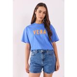 Kadın Vena Logo Baskılı Oversize Tişört%100 Pamuk - Mavi MAVİ
