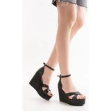 Kadın Verla Çapraz Bant Yüksek Topuklu Dolgu Taban Ayakkabı - Siyah