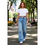 Kadın Vintage Efektli Yırtık Detaylı Geniş Paça Kot Pantolon Fonksiyonel Dayanıklı Estetik