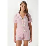 Kadın Violet Pembe Şortlu Fiyonklu Alt Üst Pijama Takımı - XL