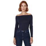 Kadın Viskon Esnek Kayık Yaka Uzun Kollu Fitted Bluz Düşük Kol Rahat Günlük Kombinler İçin_Lacivert-2XS