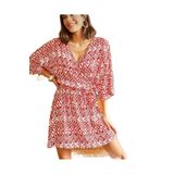 Kadın Viskon Göğüs Dekolte Mini Kimono Etnik Yarasa Kol Rahat Kloş Mini Elbise 3155250 Kırmızı- Beyaz 38