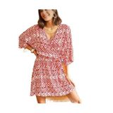 Kadın Viskon Göğüs Dekolte Mini Kimono Etnik Yarasa Kol Rahat Kloş Mini Elbise 3155250 Kırmızı- Beyaz 40