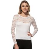 Kadın Viskon Lez Dantel Uzun Kollu Esnek Rahat Yuvarlak Yaka Bluz - Beyaz - 3XL