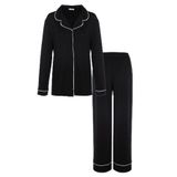 Kadın Viskon - Yumuşak Dokulu Düğmeli Biyeli Bol Paça Pijama Takımı Siyah S