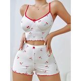 Kadın Vişne Desenli Dantel Askılı Şortlu Pijama Takımı 5193