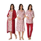 Kadın Vişne Hamile Lohusa Sabahlık Gecelik Pijama Takım 4'lü Set, L, B8016EF-19804IGP2716727