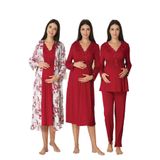 Kadın Vişne Uzun Kollu Pijama Takımı Gecelik Sabahlık Lohusa Hamile 4'lü Set, L, B8096EF-19804IGP264176