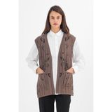 Kadın Vizon Çiçek Desenli Cepli V Yaka Mevsimlik Triko Anne Yelek - 2XL