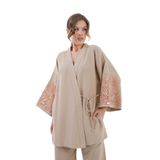 Kadın Vizon Kolları Payet Pul Nakışlı Keten Kimono Ceket ve Pantolon Alt/Üst Takım 21061