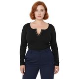 Kadın Vücuda Oturan Havuz Yaka Uzun Kollu Örme Crop Bluz Büyük Beden Casual Cool Konfor_Siyah-2XL