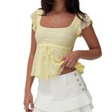 Kadın Y2k dantel Babydoll üst kare boyun kap kollu fırfır Peplum üstleri genç kızlar sevimli çiçek dökümlü dışarı çıkma üstleri, Açık Sarı, M