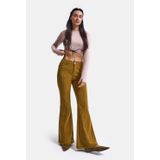 Kadın Yağ Yeşili Flare Fit Pürüzsüz Dokulu Esnek Velvet Kadife Kumaş Pantolon
