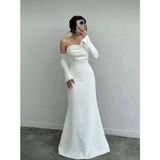 Kadın Yakası Saten Drape Detaylı Saten Düğmeli Kollu Balık Kesim Düğün Davet Mezuniyet Elbisesi - XL - Beyaz