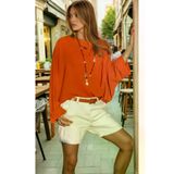 Kadın Yarasa Duble Kol Salaş Ekstra Oversize Rahat Yuvarlak Yaka Bluz Kiremit 2943308