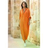 Kadın Yarasa Kol Tesettüre Uygun Gömlek Elbise Keten Karışımlı Oversize Turuncu Tunik 700-3282528