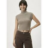 Kadın Yarım Balıkçı Yaka Fitilli Triko Kolsuz Crop Bluz - Bej