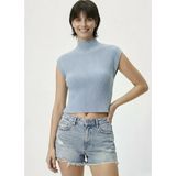 Kadın Yarım Balıkçı Yaka Fitilli Triko Kolsuz Crop Bluz - Mavi